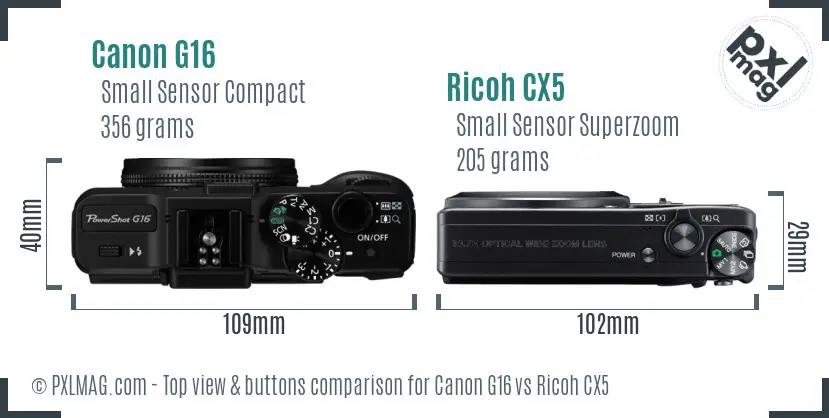 Canon G16 vs Ricoh CX5 top view buttons comparison