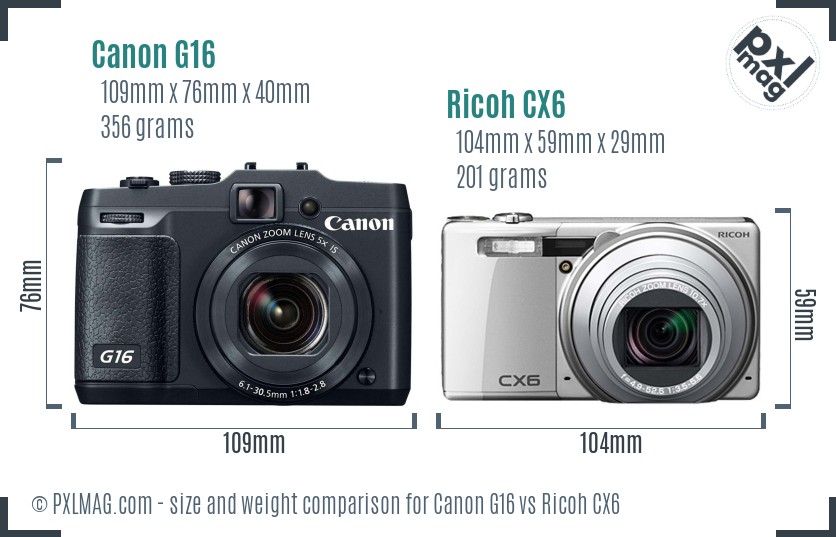 Canon G16 vs Ricoh CX6 size comparison