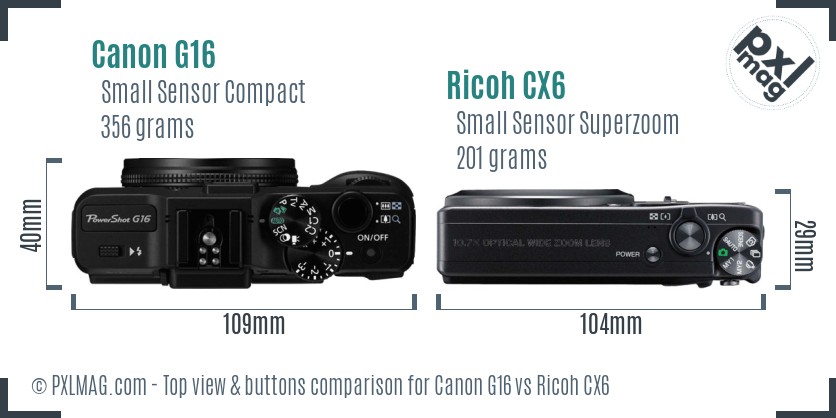 Canon G16 vs Ricoh CX6 top view buttons comparison
