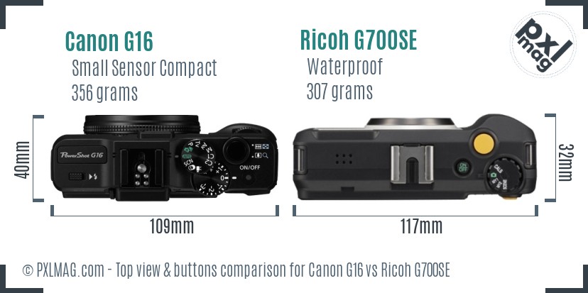 Canon G16 vs Ricoh G700SE top view buttons comparison