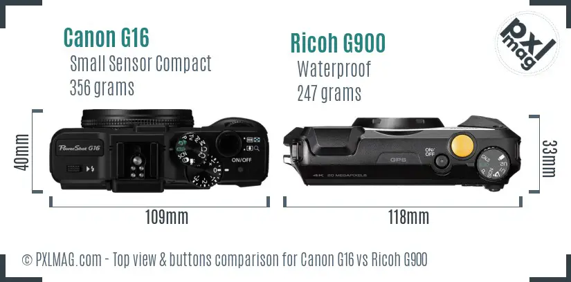 Canon G16 vs Ricoh G900 top view buttons comparison