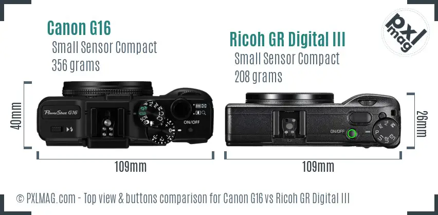 Canon G16 vs Ricoh GR Digital III top view buttons comparison