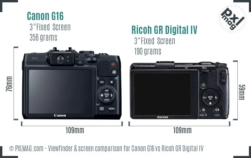 Canon G16 vs Ricoh GR Digital IV Screen and Viewfinder comparison