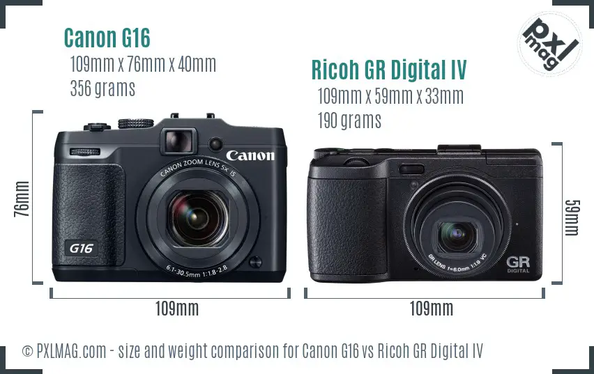 Canon G16 vs Ricoh GR Digital IV size comparison