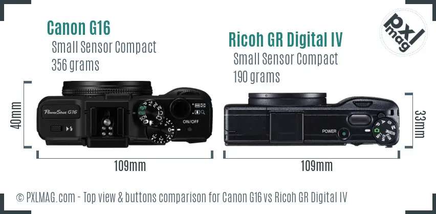 Canon G16 vs Ricoh GR Digital IV top view buttons comparison