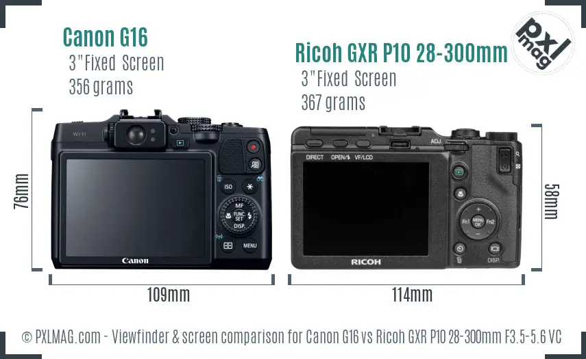 Canon G16 vs Ricoh GXR P10 28-300mm F3.5-5.6 VC Screen and Viewfinder comparison