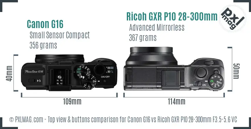 Canon G16 vs Ricoh GXR P10 28-300mm F3.5-5.6 VC top view buttons comparison