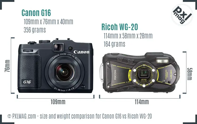 Canon G16 vs Ricoh WG-20 size comparison