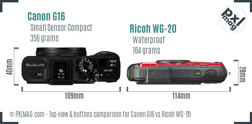 Canon G16 vs Ricoh WG-20 top view buttons comparison