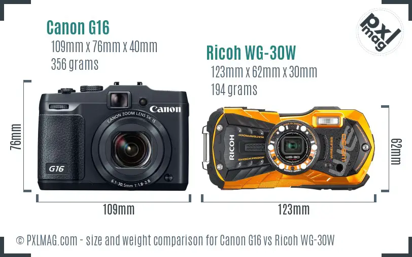 Canon G16 vs Ricoh WG-30W size comparison