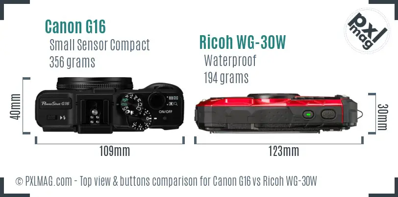 Canon G16 vs Ricoh WG-30W top view buttons comparison