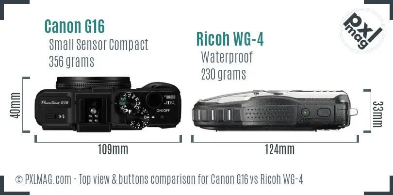 Canon G16 vs Ricoh WG-4 top view buttons comparison Canon G16 vs Ricoh WG-4 top view buttons comparison