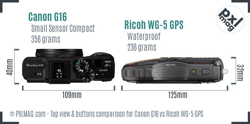 Canon G16 vs Ricoh WG-5 GPS top view buttons comparison