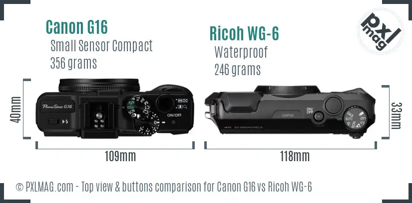 Canon G16 vs Ricoh WG-6 top view buttons comparison