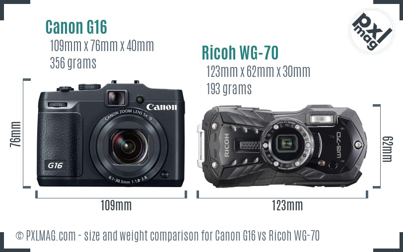 Canon G16 vs Ricoh WG-70 size comparison
