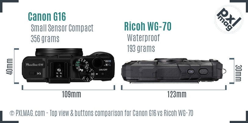 Canon G16 vs Ricoh WG-70 top view buttons comparison