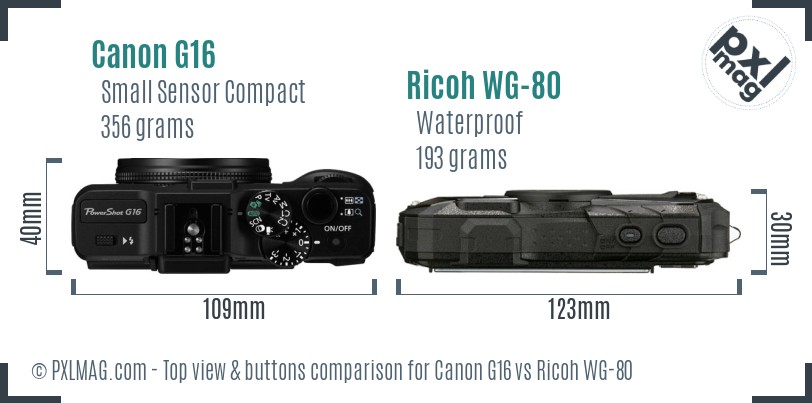 Canon G16 vs Ricoh WG-80 top view buttons comparison