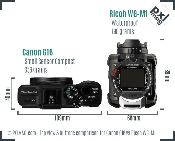 Canon G16 vs Ricoh WG-M1 top view buttons comparison