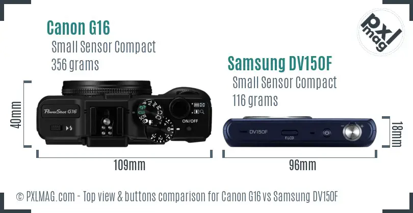 Canon G16 vs Samsung DV150F top view buttons comparison