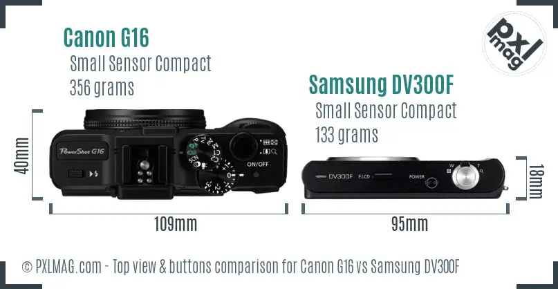 Canon G16 vs Samsung DV300F top view buttons comparison