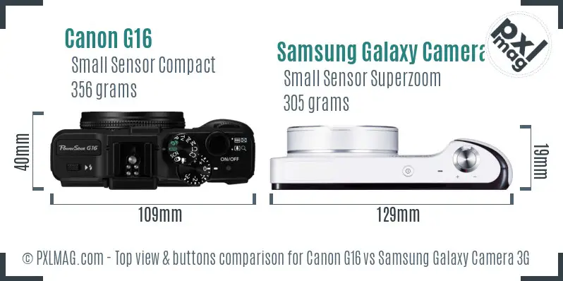 Canon G16 vs Samsung Galaxy Camera 3G top view buttons comparison Canon G16 vs Samsung Galaxy Camera 3G top view buttons comparison