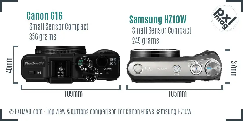 Canon G16 vs Samsung HZ10W top view buttons comparison