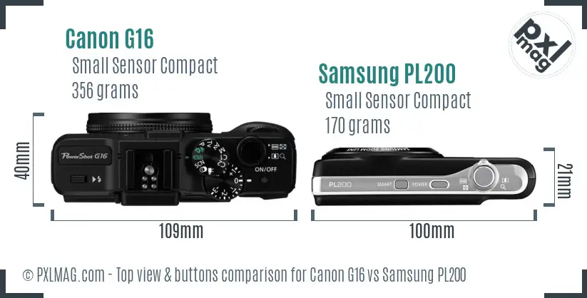 Canon G16 vs Samsung PL200 top view buttons comparison