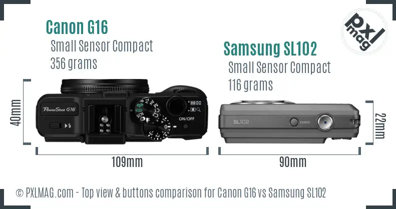 Canon G16 vs Samsung SL102 top view buttons comparison