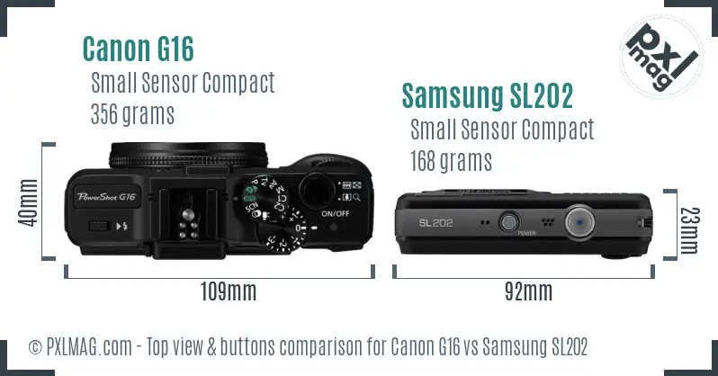 Canon G16 vs Samsung SL202 top view buttons comparison