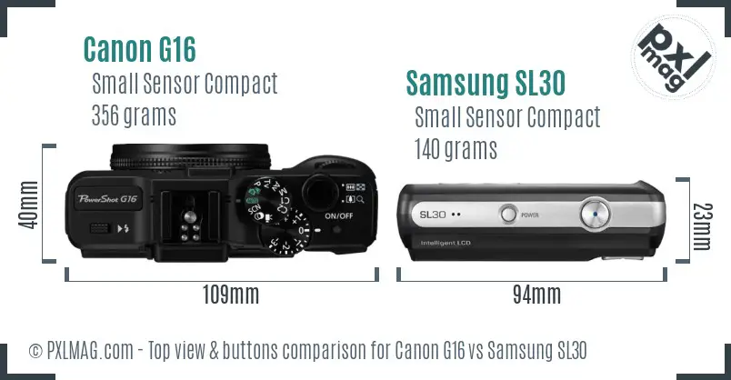 Canon G16 vs Samsung SL30 top view buttons comparison