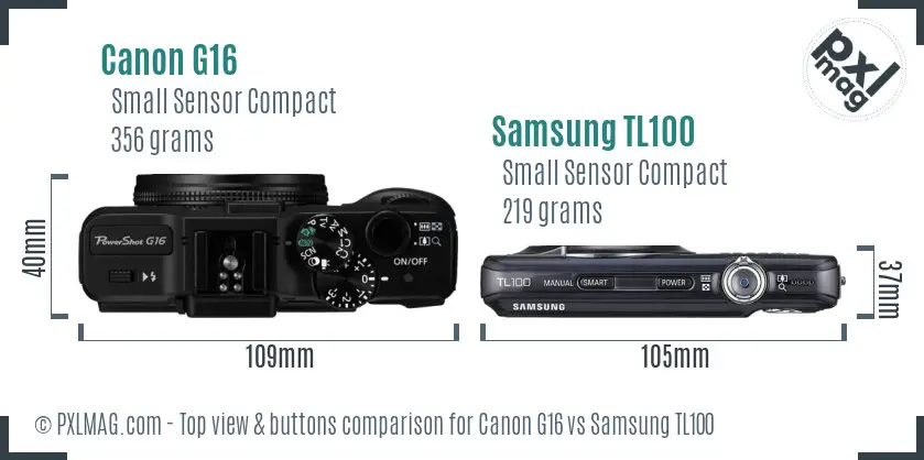 Canon G16 vs Samsung TL100 top view buttons comparison