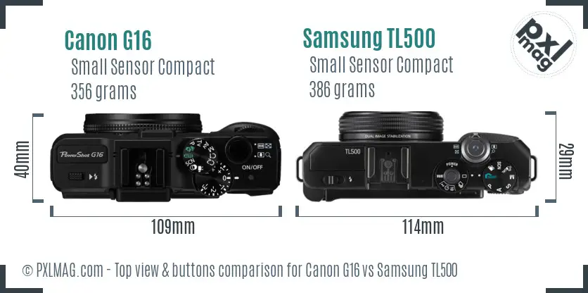 Canon G16 vs Samsung TL500 top view buttons comparison