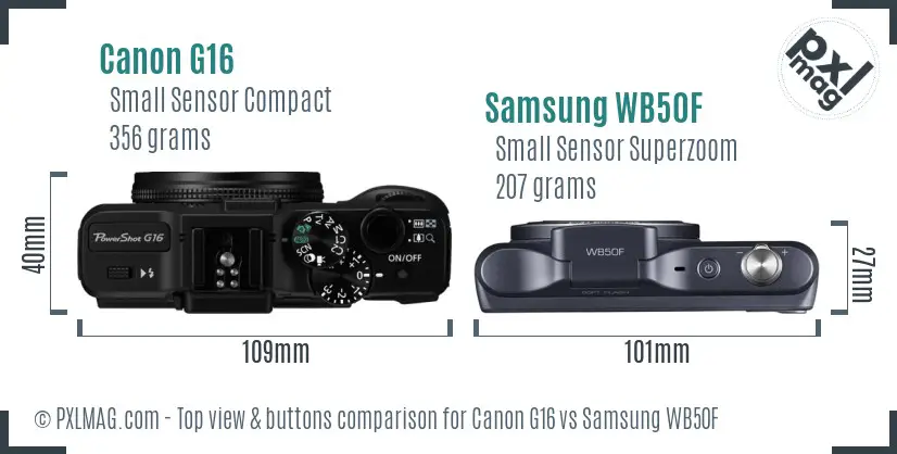 Canon G16 vs Samsung WB50F top view buttons comparison Canon G16 vs Samsung WB50F top view buttons comparison