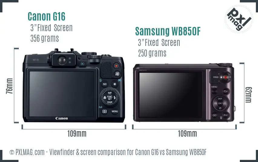Canon G16 vs Samsung WB850F Screen and Viewfinder comparison