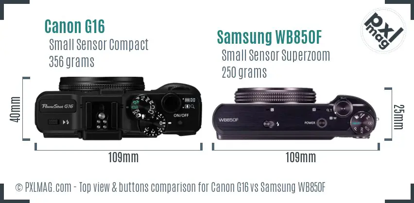 Canon G16 vs Samsung WB850F top view buttons comparison