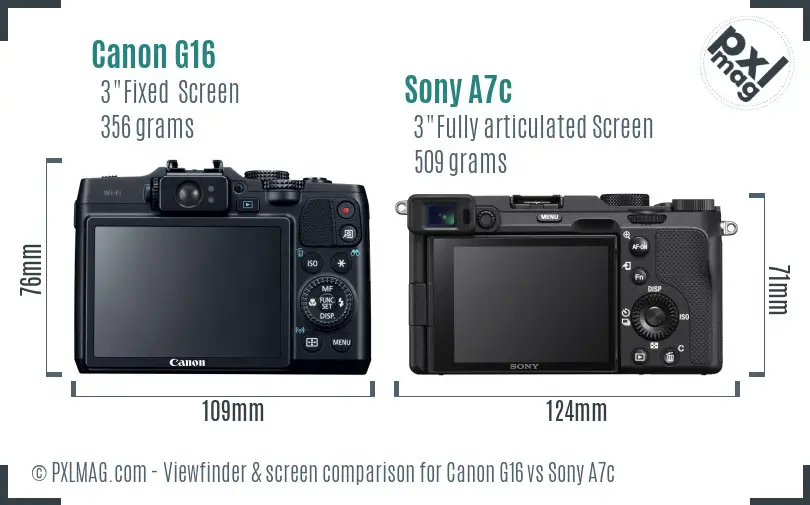 Canon G16 vs Sony A7c Screen and Viewfinder comparison