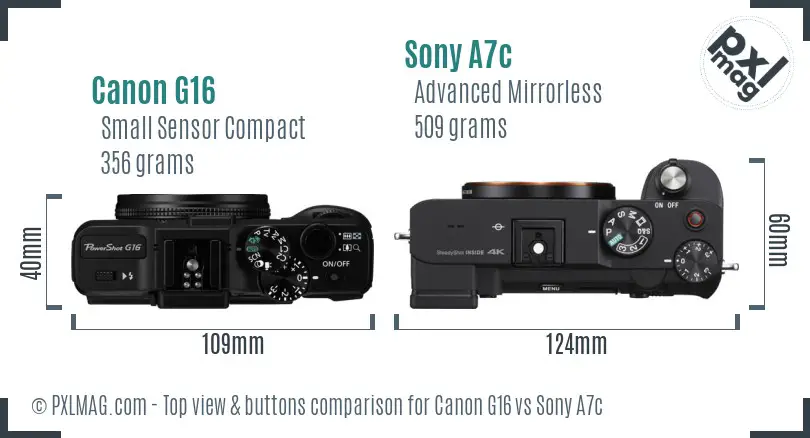 Canon G16 vs Sony A7c top view buttons comparison