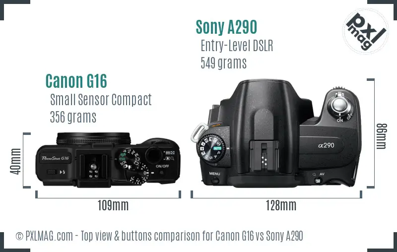 Canon G16 vs Sony A290 top view buttons comparison