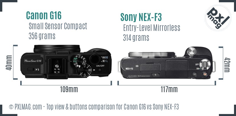Canon G16 vs Sony NEX-F3 top view buttons comparison