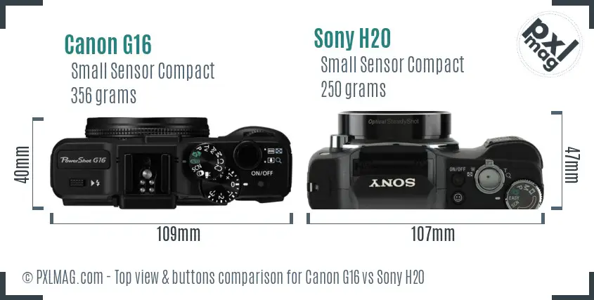 Canon G16 vs Sony H20 top view buttons comparison
