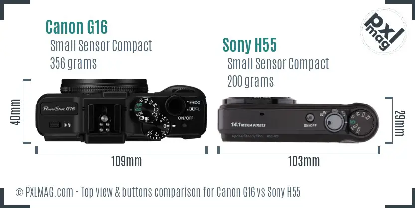 Canon G16 vs Sony H55 top view buttons comparison