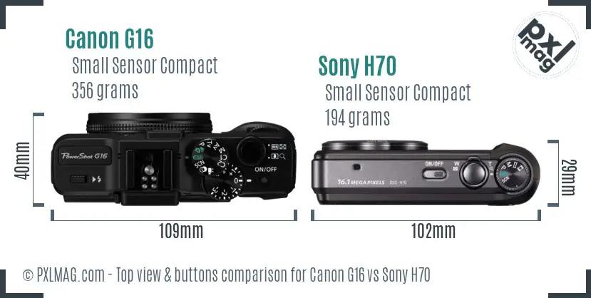 Canon G16 vs Sony H70 top view buttons comparison