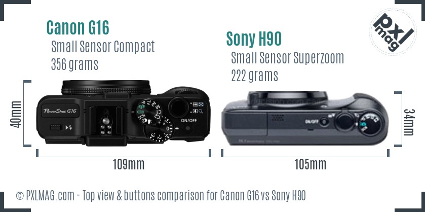 Canon G16 vs Sony H90 top view buttons comparison