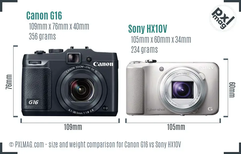 Canon G16 vs Sony HX10V size comparison