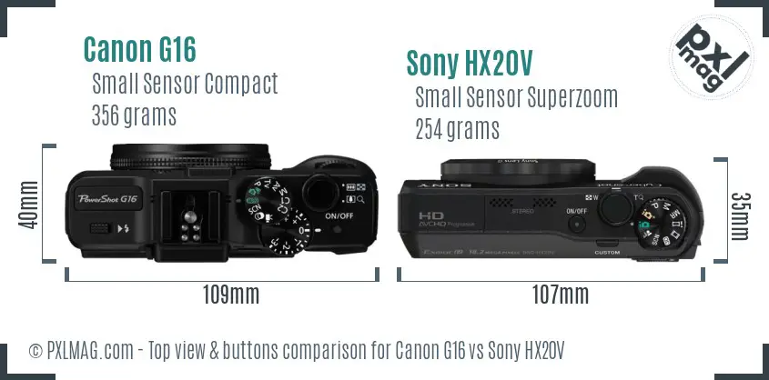 Canon G16 vs Sony HX20V top view buttons comparison Canon G16 vs Sony HX20V top view buttons comparison