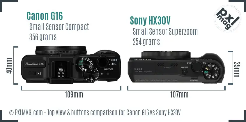 Canon G16 vs Sony HX30V top view buttons comparison Canon G16 vs Sony HX30V top view buttons comparison
