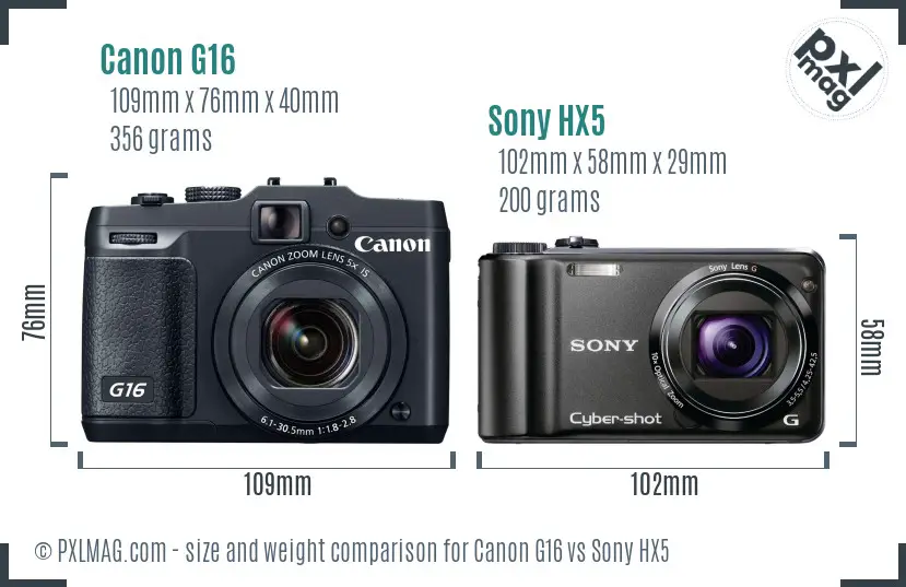 Canon G16 vs Sony HX5 size comparison