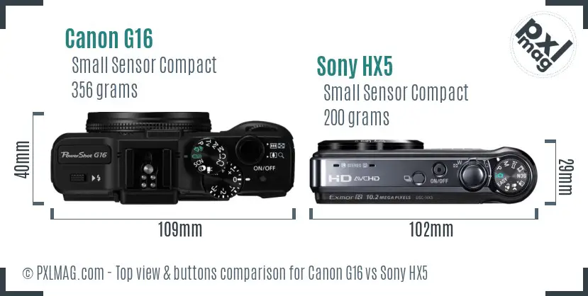 Canon G16 vs Sony HX5 top view buttons comparison