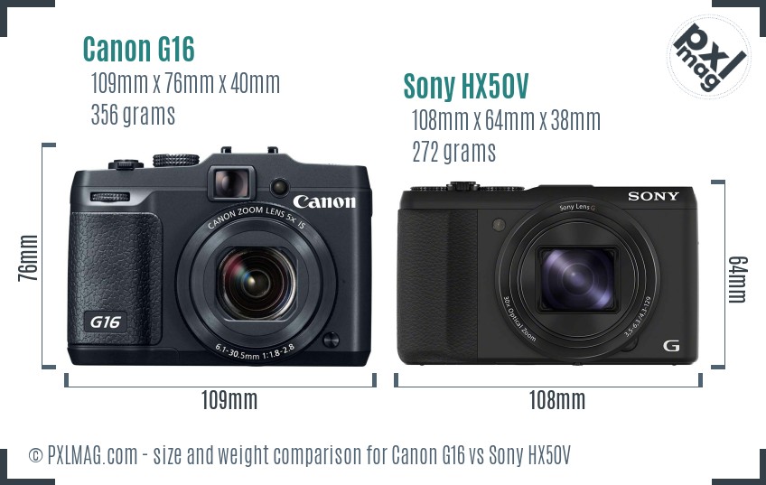 Canon G16 vs Sony HX50V size comparison