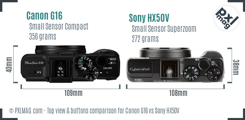 Canon G16 vs Sony HX50V top view buttons comparison